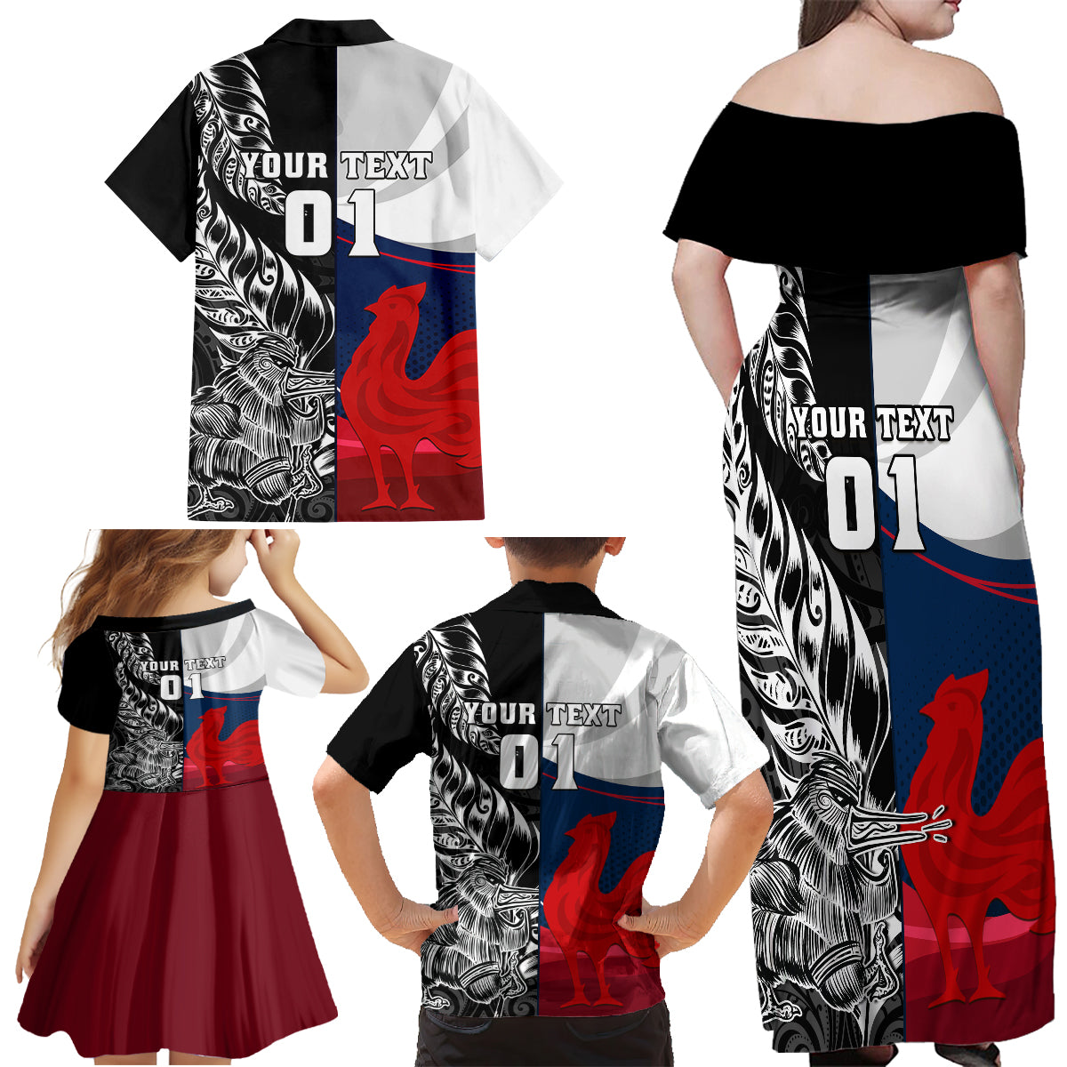 Custom New Zealand And France Rugby Family Matching Off Shoulder Maxi Dress and Hawaiian Shirt XV de France Kiwi Silver Fern 2023 World Cup LT01 - Polynesian Pride