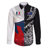Custom New Zealand And France Rugby Family Matching Off Shoulder Maxi Dress and Hawaiian Shirt XV de France Kiwi Silver Fern 2023 World Cup LT01 Dad's Shirt - Long Sleeve Black - Polynesian Pride