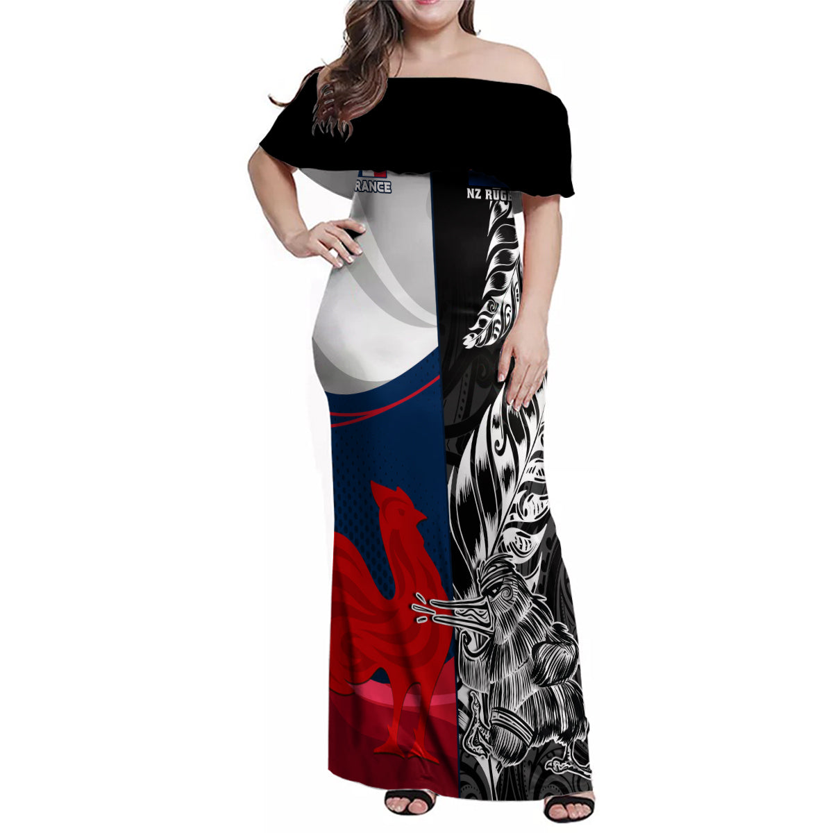 Custom New Zealand And France Rugby Family Matching Off Shoulder Maxi Dress and Hawaiian Shirt XV de France Kiwi Silver Fern 2023 World Cup LT01 Mom's Dress Black - Polynesian Pride