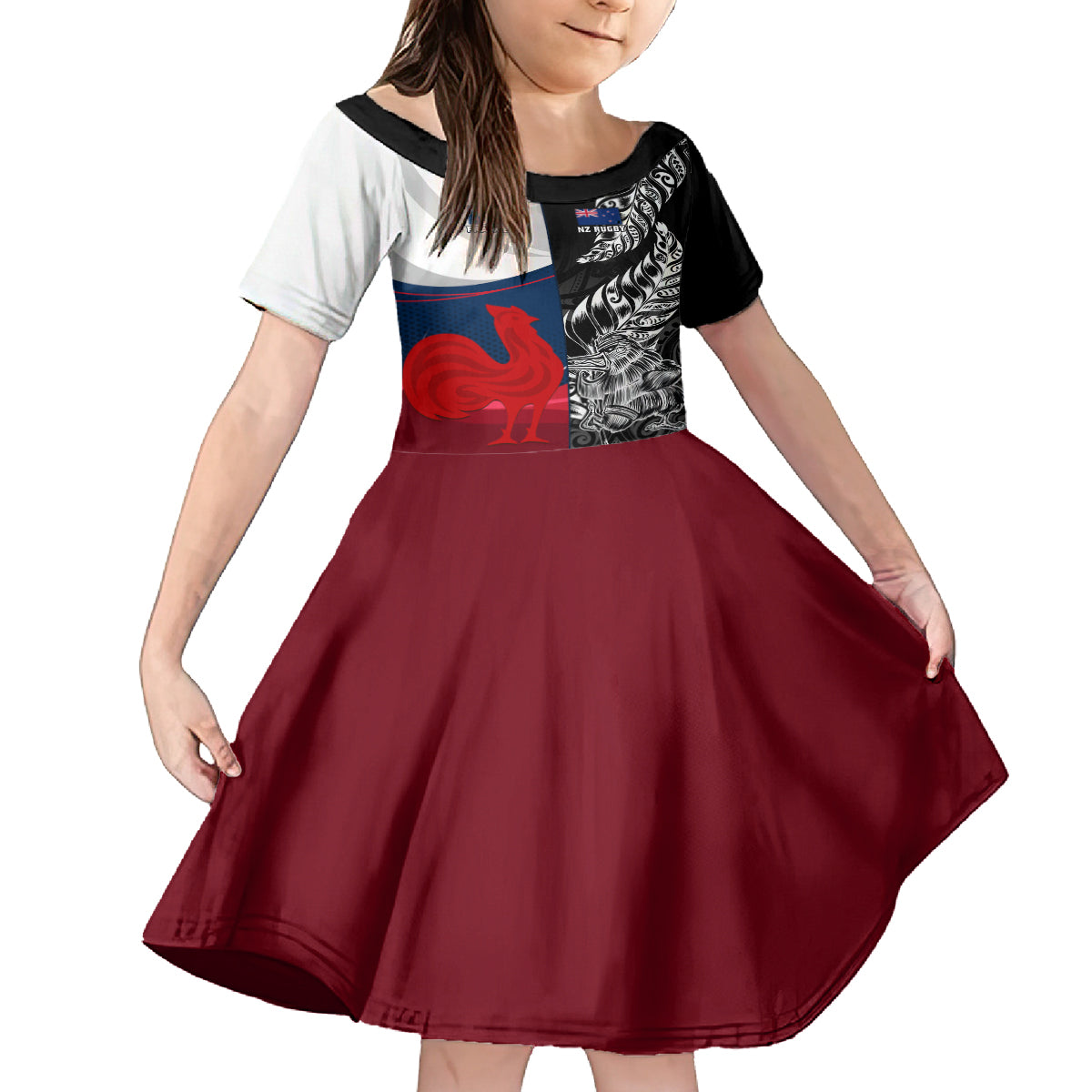Custom New Zealand And France Rugby Family Matching Off Shoulder Short Dress and Hawaiian Shirt XV de France Kiwi Silver Fern 2023 World Cup LT01 Daughter's Dress Black - Polynesian Pride