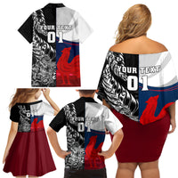 Custom New Zealand And France Rugby Family Matching Off Shoulder Short Dress and Hawaiian Shirt XV de France Kiwi Silver Fern 2023 World Cup LT01 - Polynesian Pride