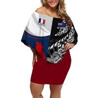 Custom New Zealand And France Rugby Family Matching Off Shoulder Short Dress and Hawaiian Shirt XV de France Kiwi Silver Fern 2023 World Cup LT01 Mom's Dress Black - Polynesian Pride