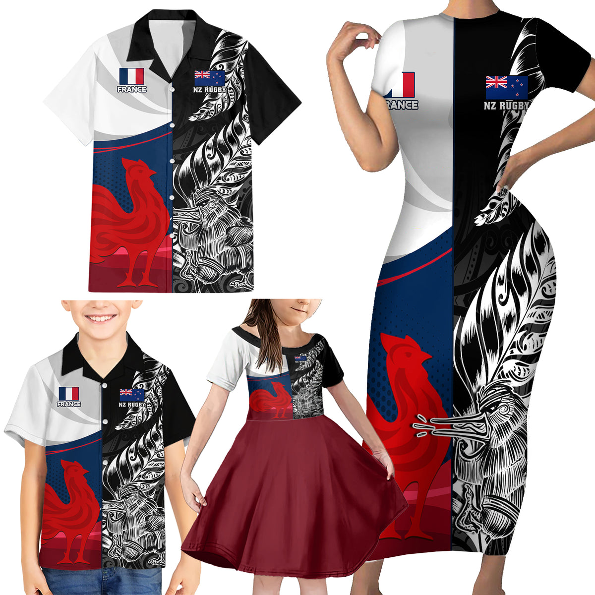 Custom New Zealand And France Rugby Family Matching Short Sleeve Bodycon Dress and Hawaiian Shirt XV de France Kiwi Silver Fern 2023 World Cup LT01 - Polynesian Pride