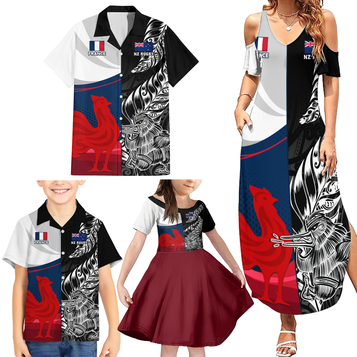 Custom New Zealand And France Rugby Family Matching Summer Maxi Dress and Hawaiian Shirt XV de France Kiwi Silver Fern 2023 World Cup LT01 - Polynesian Pride