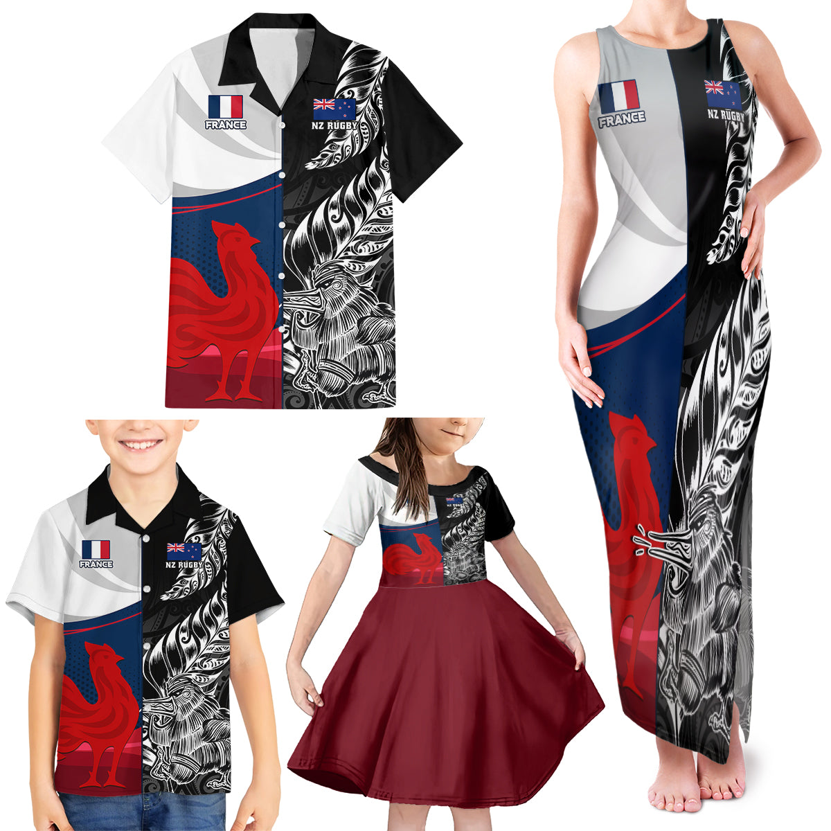 Custom New Zealand And France Rugby Family Matching Tank Maxi Dress and Hawaiian Shirt XV de France Kiwi Silver Fern 2023 World Cup LT01 - Polynesian Pride