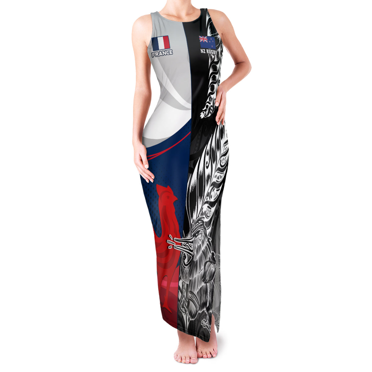 Custom New Zealand And France Rugby Family Matching Tank Maxi Dress and Hawaiian Shirt XV de France Kiwi Silver Fern 2023 World Cup LT01 Mom's Dress Black - Polynesian Pride