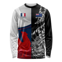 Custom New Zealand And France Rugby Long Sleeve Shirt XV de France Kiwi Silver Fern 2023 World Cup LT01 Unisex Black - Polynesian Pride
