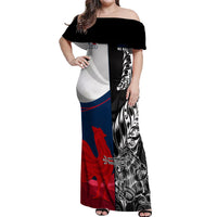 Custom New Zealand And France Rugby Off Shoulder Maxi Dress XV de France Kiwi Silver Fern 2023 World Cup LT01 Women Black - Polynesian Pride
