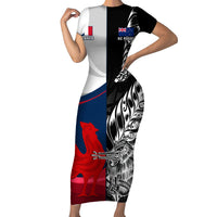 Custom New Zealand And France Rugby Short Sleeve Bodycon Dress XV de France Kiwi Silver Fern 2023 World Cup LT01 Long Dress Black - Polynesian Pride