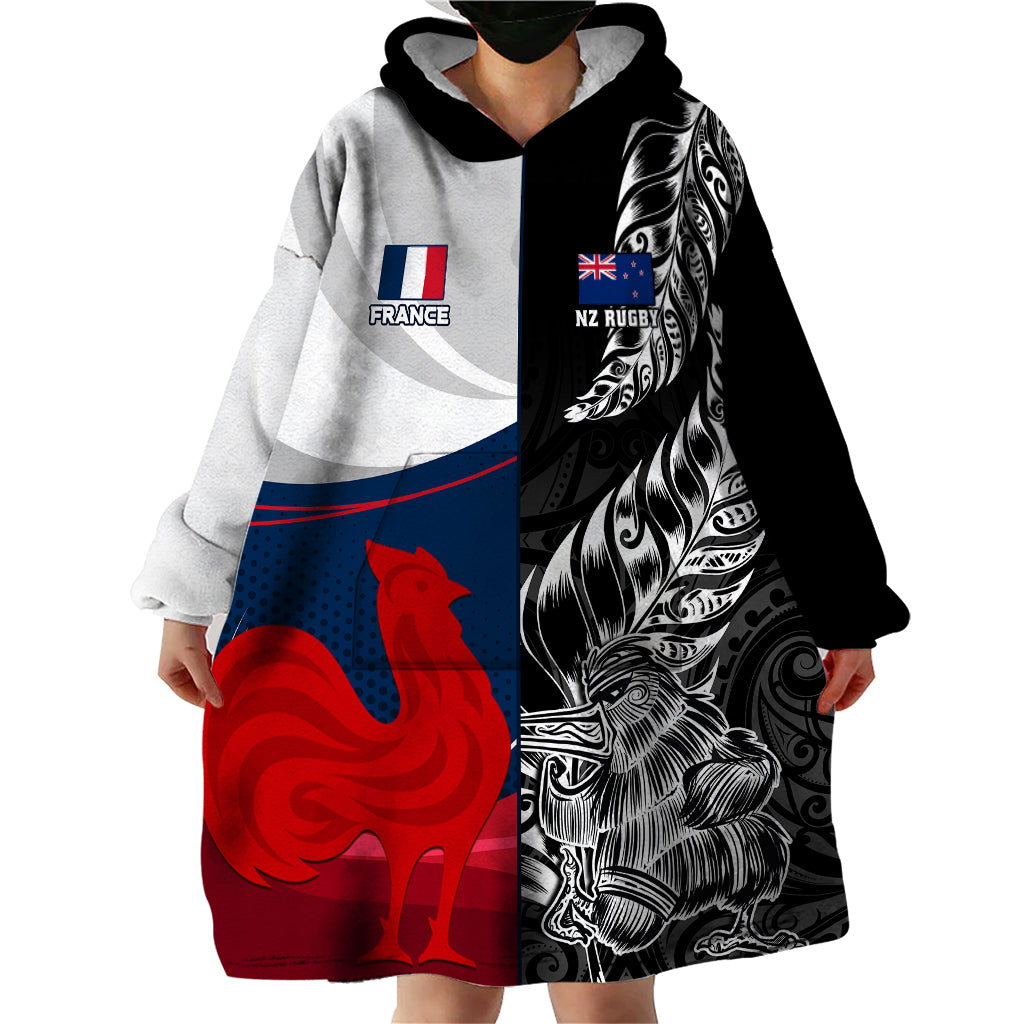 Custom New Zealand And France Rugby Wearable Blanket Hoodie XV de France Kiwi Silver Fern 2023 World Cup LT01 - Polynesian Pride