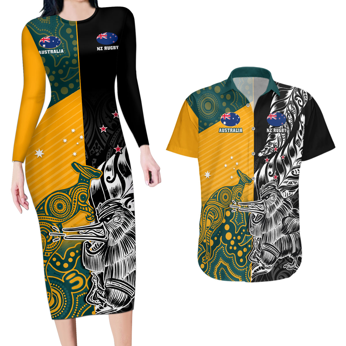 Custom New Zealand And Australia Rugby Couples Matching Long Sleeve Bodycon Dress and Hawaiian Shirt Wallabies Kiwi Silver Fern 2023 World Cup LT01 Black - Polynesian Pride