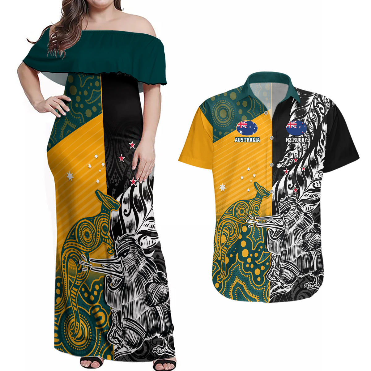 Custom New Zealand And Australia Rugby Couples Matching Off Shoulder Maxi Dress and Hawaiian Shirt Wallabies Kiwi Silver Fern 2023 World Cup LT01 Black - Polynesian Pride