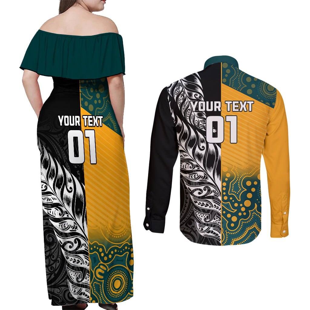 Custom New Zealand And Australia Rugby Couples Matching Off Shoulder Maxi Dress and Long Sleeve Button Shirts Wallabies Kiwi Silver Fern 2023 World Cup LT01 - Polynesian Pride