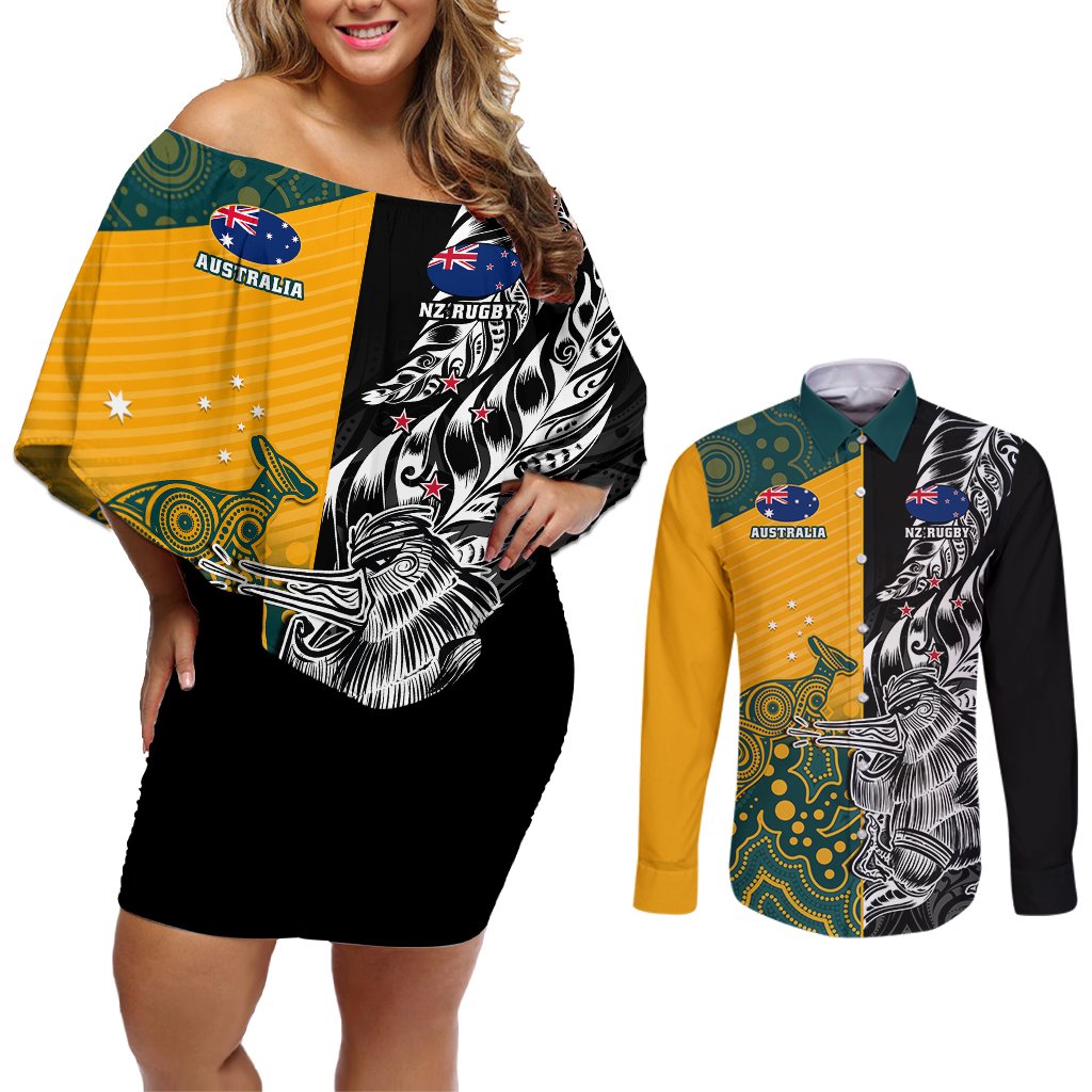 Custom New Zealand And Australia Rugby Couples Matching Off Shoulder Short Dress and Long Sleeve Button Shirts Wallabies Kiwi Silver Fern 2023 World Cup LT01 Black - Polynesian Pride
