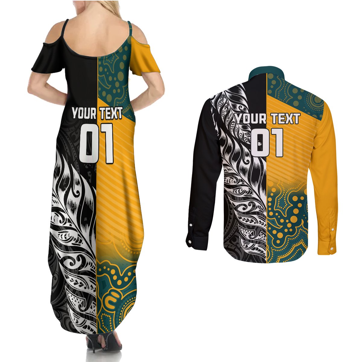 Custom New Zealand And Australia Rugby Couples Matching Summer Maxi Dress and Long Sleeve Button Shirts Wallabies Kiwi Silver Fern 2023 World Cup LT01 - Polynesian Pride