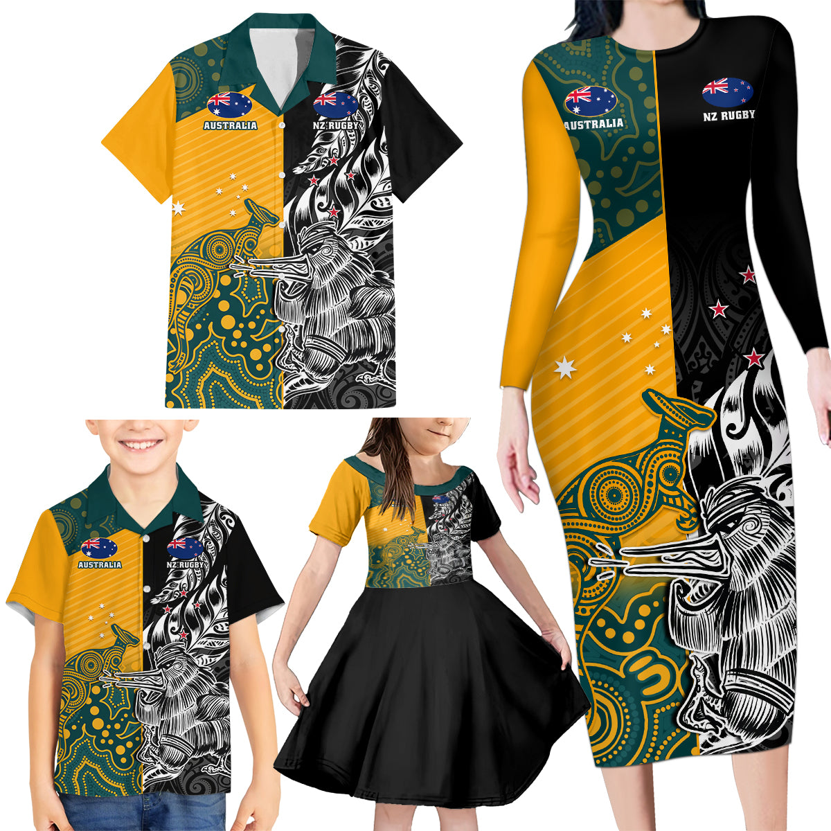 Custom New Zealand And Australia Rugby Family Matching Long Sleeve Bodycon Dress and Hawaiian Shirt Wallabies Kiwi Silver Fern 2023 World Cup LT01 - Polynesian Pride