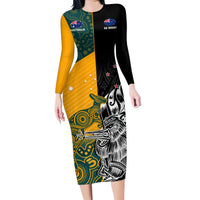 Custom New Zealand And Australia Rugby Family Matching Long Sleeve Bodycon Dress and Hawaiian Shirt Wallabies Kiwi Silver Fern 2023 World Cup LT01 Mom's Dress Black - Polynesian Pride