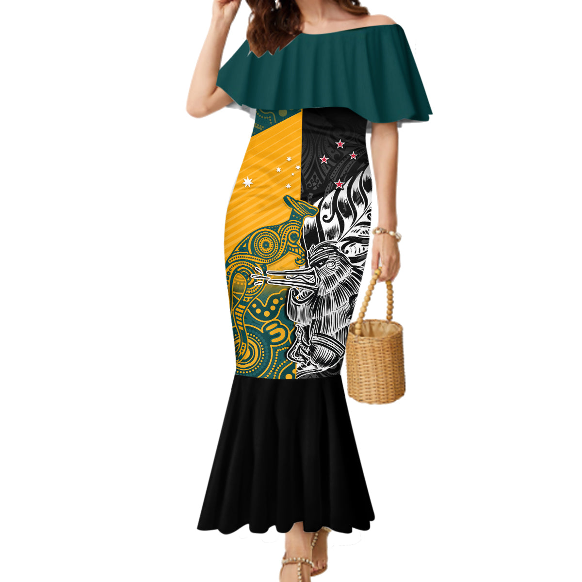 Custom New Zealand And Australia Rugby Family Matching Mermaid Dress and Hawaiian Shirt Wallabies Kiwi Silver Fern 2023 World Cup LT01 Mom's Dress Black - Polynesian Pride