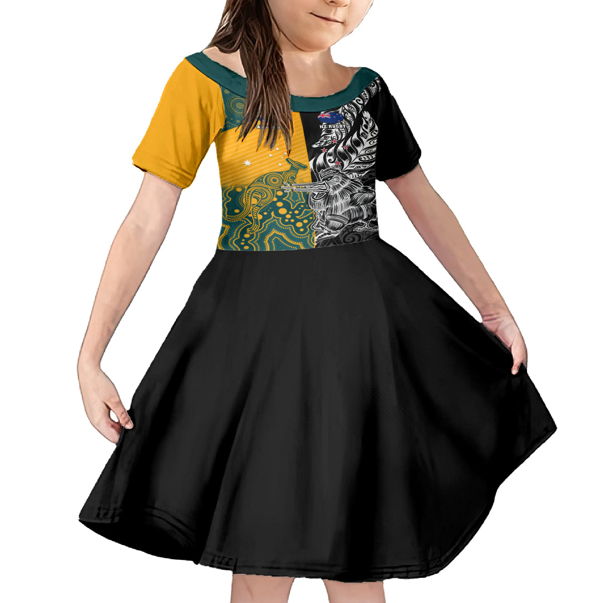 Custom New Zealand And Australia Rugby Family Matching Off Shoulder Long Sleeve Dress and Hawaiian Shirt Wallabies Kiwi Silver Fern 2023 World Cup LT01 Daughter's Dress Black - Polynesian Pride
