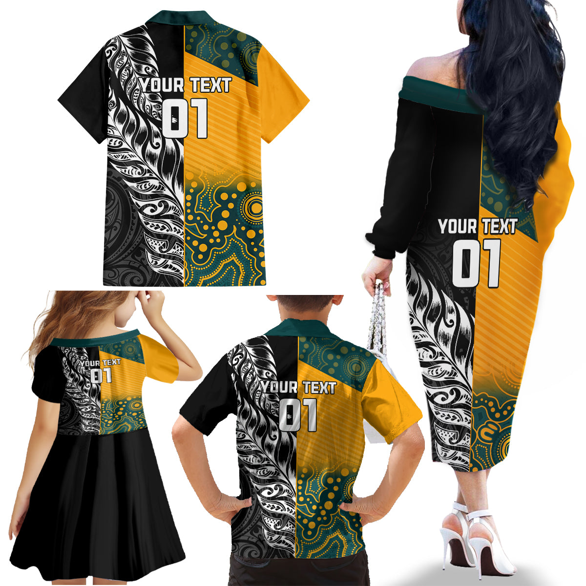 Custom New Zealand And Australia Rugby Family Matching Off Shoulder Long Sleeve Dress and Hawaiian Shirt Wallabies Kiwi Silver Fern 2023 World Cup LT01 - Polynesian Pride