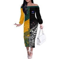 Custom New Zealand And Australia Rugby Family Matching Off Shoulder Long Sleeve Dress and Hawaiian Shirt Wallabies Kiwi Silver Fern 2023 World Cup LT01 Mom's Dress Black - Polynesian Pride