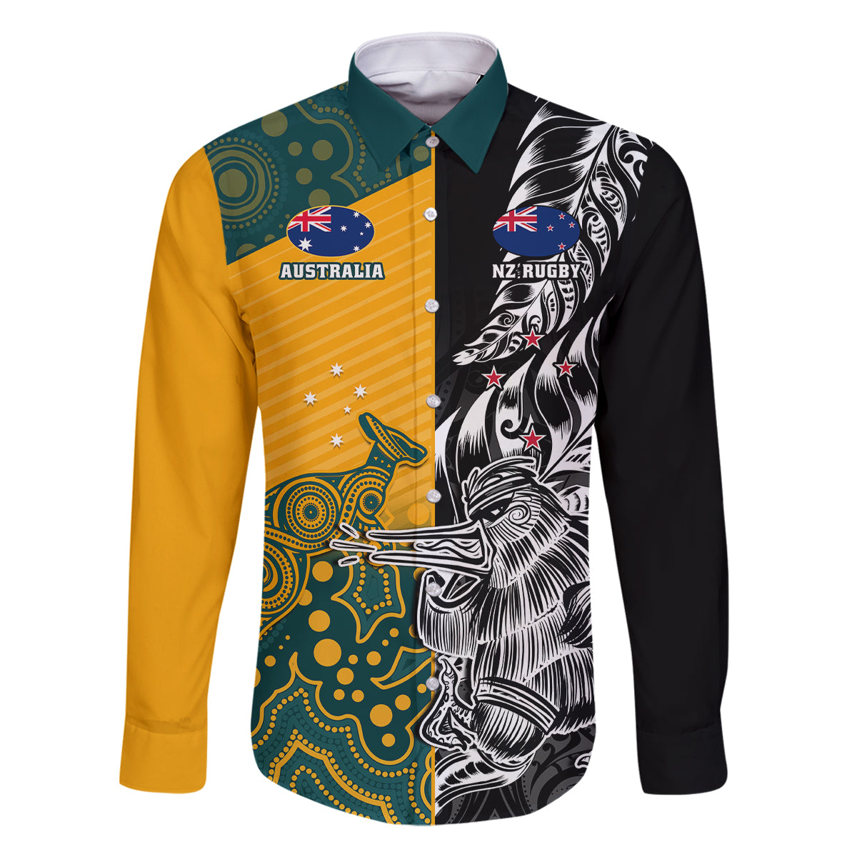 Custom New Zealand And Australia Rugby Family Matching Off Shoulder Maxi Dress and Hawaiian Shirt Wallabies Kiwi Silver Fern 2023 World Cup LT01 Dad's Shirt - Long Sleeve Black - Polynesian Pride
