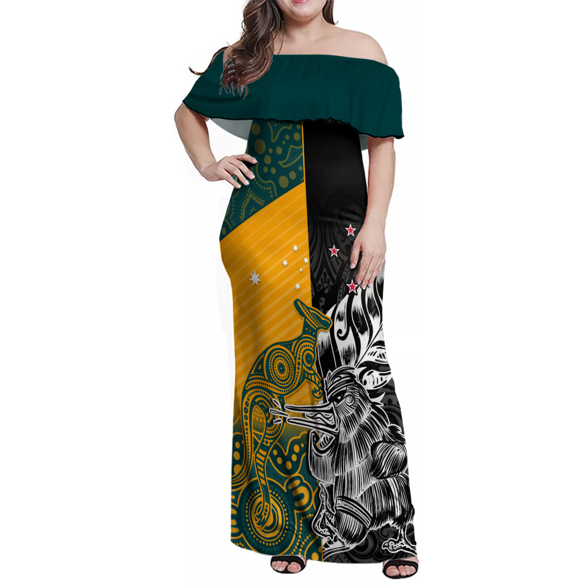 Custom New Zealand And Australia Rugby Family Matching Off Shoulder Maxi Dress and Hawaiian Shirt Wallabies Kiwi Silver Fern 2023 World Cup LT01 Mom's Dress Black - Polynesian Pride