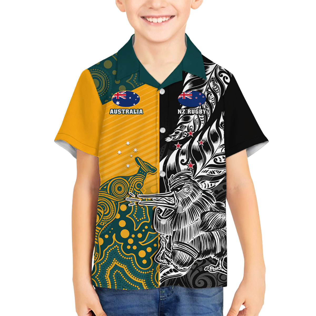Custom New Zealand And Australia Rugby Family Matching Off Shoulder Maxi Dress and Hawaiian Shirt Wallabies Kiwi Silver Fern 2023 World Cup LT01 Son's Shirt Black - Polynesian Pride