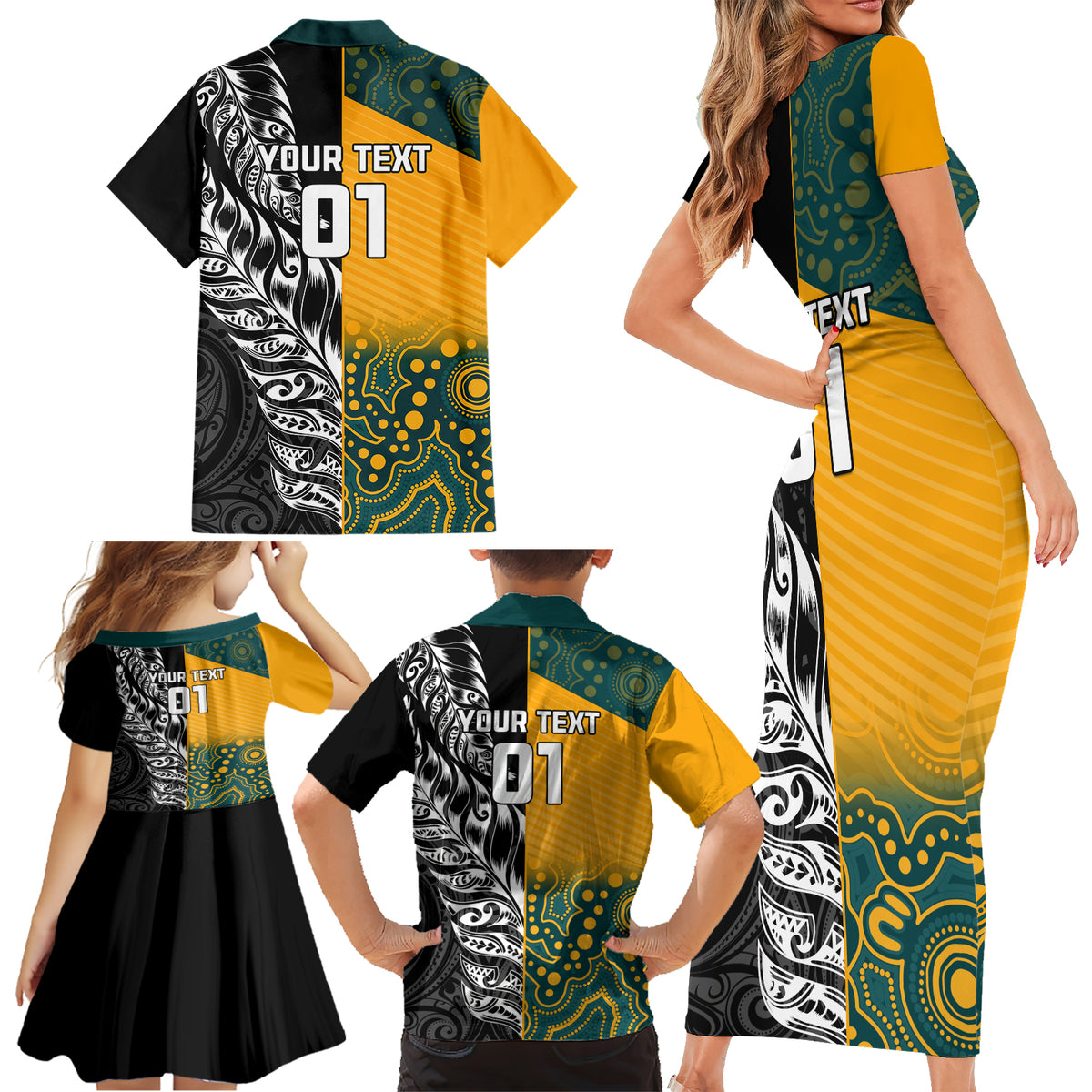 Custom New Zealand And Australia Rugby Family Matching Short Sleeve Bodycon Dress and Hawaiian Shirt Wallabies Kiwi Silver Fern 2023 World Cup LT01 - Polynesian Pride