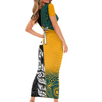 Custom New Zealand And Australia Rugby Family Matching Short Sleeve Bodycon Dress and Hawaiian Shirt Wallabies Kiwi Silver Fern 2023 World Cup LT01 - Polynesian Pride