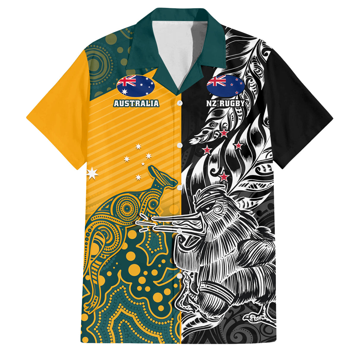 Custom New Zealand And Australia Rugby Family Matching Summer Maxi Dress and Hawaiian Shirt Wallabies Kiwi Silver Fern 2023 World Cup LT01 Dad's Shirt - Short Sleeve Black - Polynesian Pride