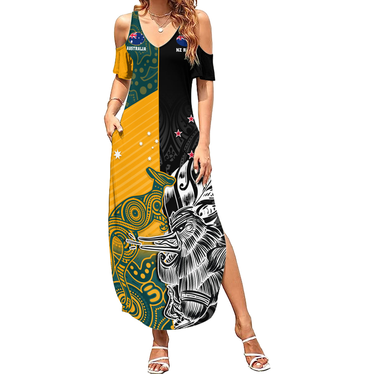Custom New Zealand And Australia Rugby Family Matching Summer Maxi Dress and Hawaiian Shirt Wallabies Kiwi Silver Fern 2023 World Cup LT01 Mom's Dress Black - Polynesian Pride