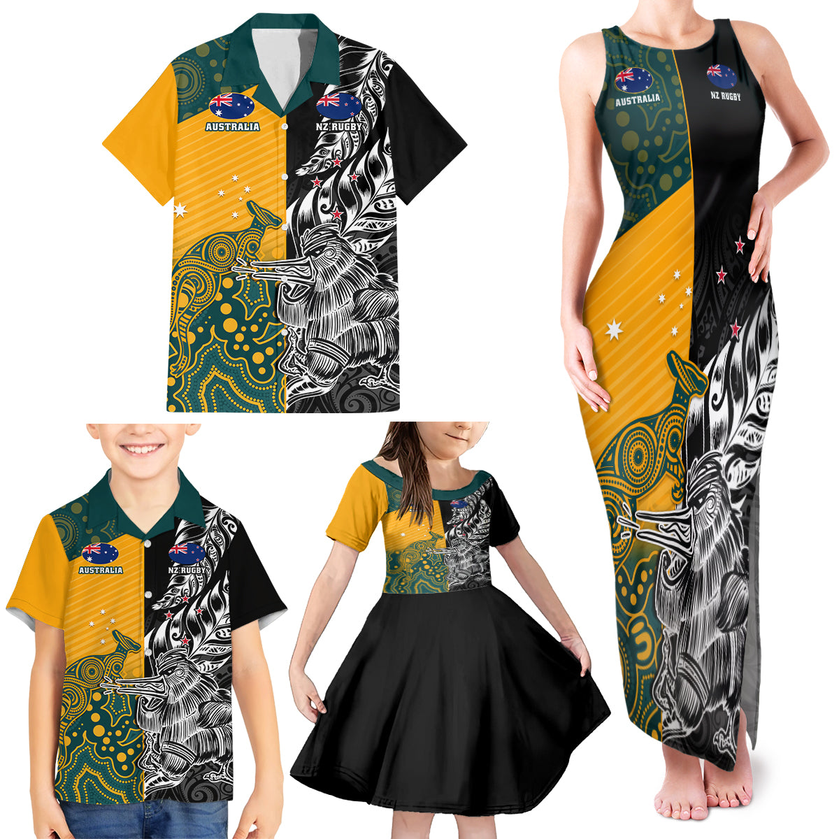 Custom New Zealand And Australia Rugby Family Matching Tank Maxi Dress and Hawaiian Shirt Wallabies Kiwi Silver Fern 2023 World Cup LT01 - Polynesian Pride