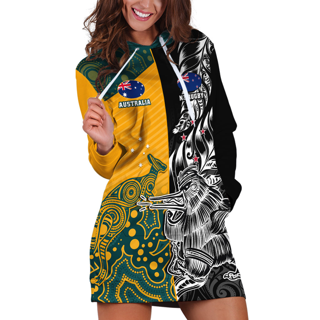 Custom New Zealand And Australia Rugby Hoodie Dress Wallabies Kiwi Silver Fern 2023 World Cup LT01 Black - Polynesian Pride