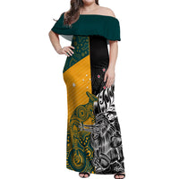 Custom New Zealand And Australia Rugby Off Shoulder Maxi Dress Wallabies Kiwi Silver Fern 2023 World Cup LT01 Women Black - Polynesian Pride
