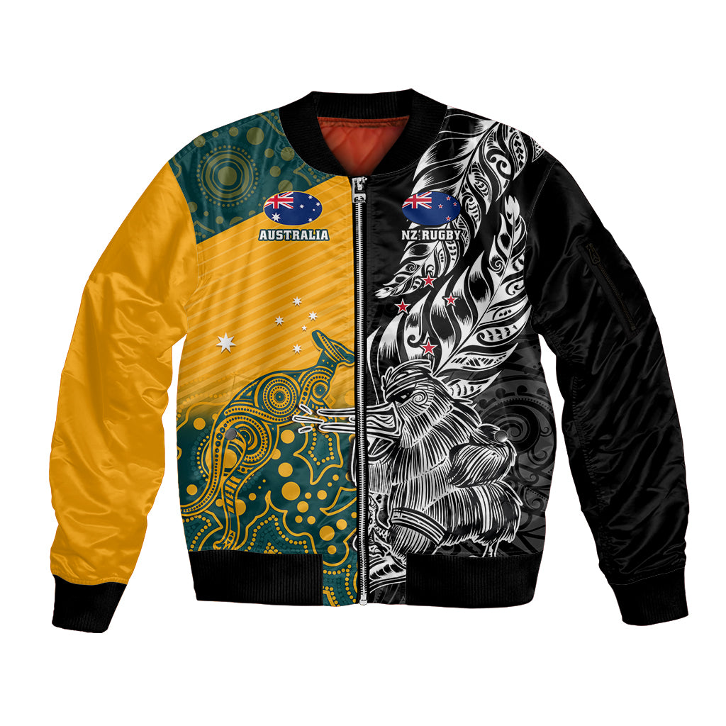 Custom New Zealand And Australia Rugby Sleeve Zip Bomber Jacket Wallabies Kiwi Silver Fern 2023 World Cup LT01 Unisex Black - Polynesian Pride