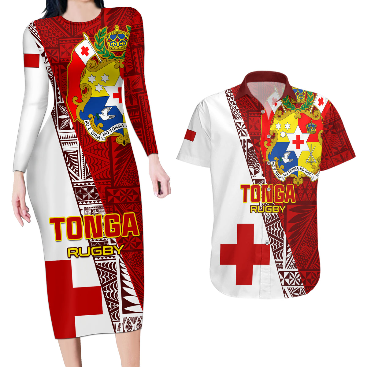 Tonga Rugby Couples Matching Long Sleeve Bodycon Dress and Hawaiian Shirt Tongan Go 2023 World Cup LT01 Red - Polynesian Pride