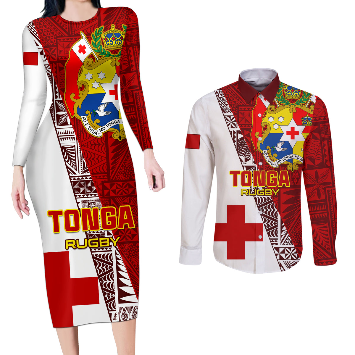 Tonga Rugby Couples Matching Long Sleeve Bodycon Dress and Long Sleeve Button Shirts Tongan Go 2023 World Cup LT01 Red - Polynesian Pride