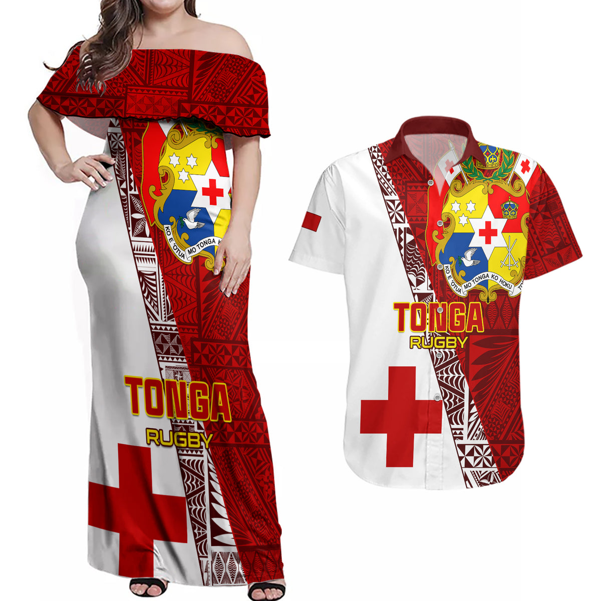 Tonga Rugby Couples Matching Off Shoulder Maxi Dress and Hawaiian Shirt Tongan Go 2023 World Cup LT01 Red - Polynesian Pride