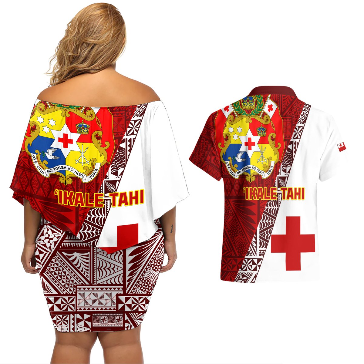Tonga Rugby Couples Matching Off Shoulder Short Dress and Hawaiian Shirt Tongan Go 2023 World Cup LT01 - Polynesian Pride