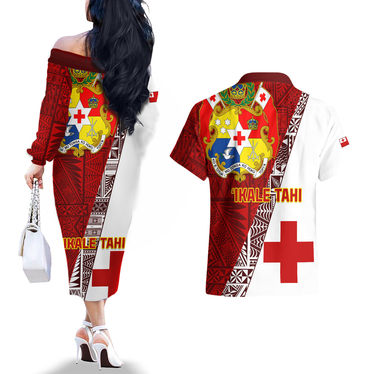 Tonga Rugby Couples Matching Off The Shoulder Long Sleeve Dress and Hawaiian Shirt Tongan Go 2023 World Cup LT01 - Polynesian Pride