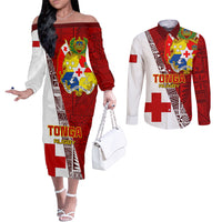 Tonga Rugby Couples Matching Off The Shoulder Long Sleeve Dress and Long Sleeve Button Shirts Tongan Go 2023 World Cup LT01 Red - Polynesian Pride