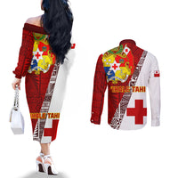 Tonga Rugby Couples Matching Off The Shoulder Long Sleeve Dress and Long Sleeve Button Shirts Tongan Go 2023 World Cup LT01 - Polynesian Pride