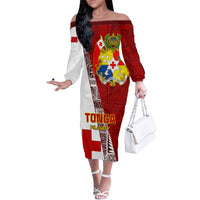 Tonga Rugby Family Matching Off Shoulder Long Sleeve Dress and Hawaiian Shirt Tongan Go 2023 World Cup LT01 Mom's Dress Red - Polynesian Pride