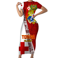 Tonga Rugby Family Matching Short Sleeve Bodycon Dress and Hawaiian Shirt Tongan Go 2023 World Cup LT01 Mom's Dress Red - Polynesian Pride
