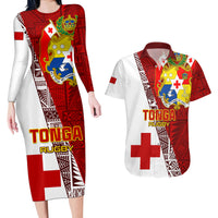 Custom Tonga Rugby Couples Matching Long Sleeve Bodycon Dress and Hawaiian Shirt Tongan Go 2023 World Cup LT01 Red - Polynesian Pride