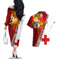 Custom Tonga Rugby Couples Matching Off The Shoulder Long Sleeve Dress and Hawaiian Shirt Tongan Go 2023 World Cup LT01 - Polynesian Pride