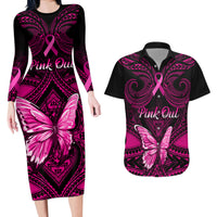 Personalised Pink Out Couples Matching Long Sleeve Bodycon Dress and Hawaiian Shirt Breast Cancer Awareness Polynesian Pattern Black Version LT01 Black - Polynesian Pride