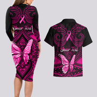 Personalised Pink Out Couples Matching Long Sleeve Bodycon Dress and Hawaiian Shirt Breast Cancer Awareness Polynesian Pattern Black Version LT01 - Polynesian Pride