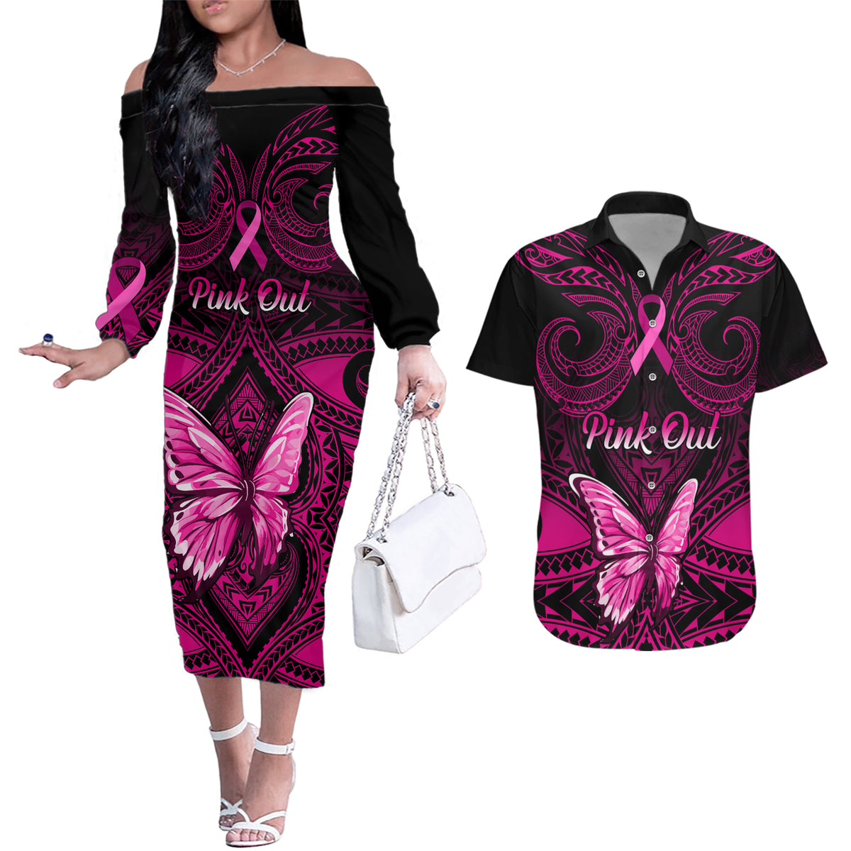 Personalised Pink Out Couples Matching Off The Shoulder Long Sleeve Dress and Hawaiian Shirt Breast Cancer Awareness Polynesian Pattern Black Version LT01 Black - Polynesian Pride